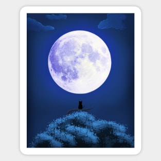 Cat Staring at the Bright Moon Anime Background Landscape Sticker